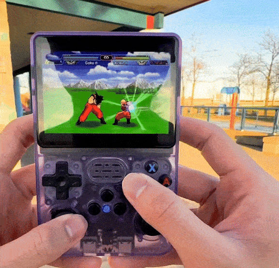 Close-up view of Retroboy Supreme handheld game console screen displaying Dragon Ball Z gameplay – 20,000+ retro games built-in